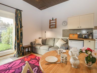 A kitchen and living area with a sofa cups on a table and a door with curtains at Stable Cottage in Triscombe
