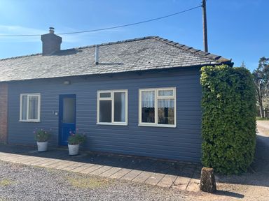 A blue exterior wall of a house with three white framed windows and a blue door with two potted plants by the entrance at Stable Cottage in Triscombe