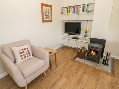 A living room with a beige armchair a side table a wood burning stove a basket of firewood a television on wall shelves and a framed picture on the wall at The Wash House in Sibford Ferris