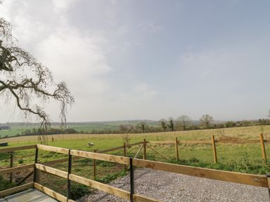 A fenced grassy field with a gravel path and a tree branch at The Wash House in Sibford Ferris