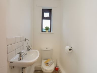A small bathroom with a toilet a sink a window and a plant at Monfa in Cemaes Bay