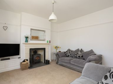 A living room with a gray sofa a fireplace with a wood stove a television and a wicker basket at Monfa in Cemaes Bay