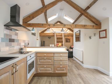 A kitchen with wooden cabinets a stove an oven and a loft bed accessed by a ladder at Glan Meon Cottage in Barmouth
