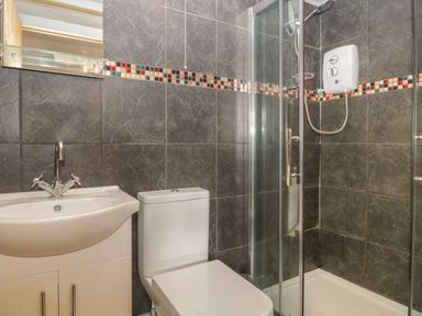 A bathroom with a sink, toilet, and shower cubicle with dark tiled walls and multicolored tile border at Tiny Willow in Farrington near Child Okeford