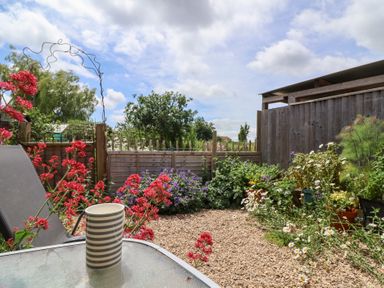 A garden with flowers and a table with a cup at Tiny Willow in Farrington near Child Okeford