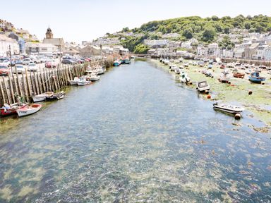 A harbor with boats moored along the sides and buildings on a hillside at Bay Tree Cottage in West Looe