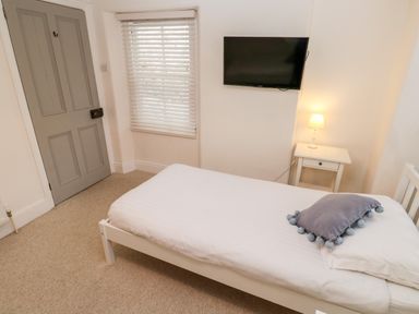 A bedroom with a single bed with white bedding and a blue pillow a small white bedside table with a lamp a wall-mounted television a window with blinds and a closed grey door at Bay Tree Cottage in West Looe