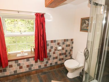A bathroom with a toilet shower cubicle red curtains and a window at The Old Mill in Neyland near Milford Haven