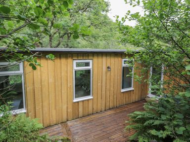 A wooden cabin exterior with three windows surrounded by trees and plants at The River Lodge in Oban