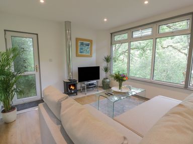 A living room with a beige sofa glass coffee table plants a fireplace and large windows at The River Lodge in Oban
