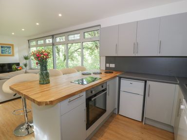 A kitchen with wooden countertops gray cabinets a built in oven and fridge and a vase with flowers on the counter at The River Lodge in Oban