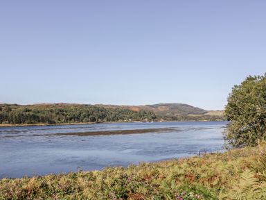 A river with vegetation in the foreground and hills in the background at The River Lodge in Oban