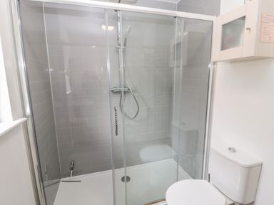A bathroom with a glass-enclosed shower with a handheld showerhead and a white toilet at The Shieling in Warkworth