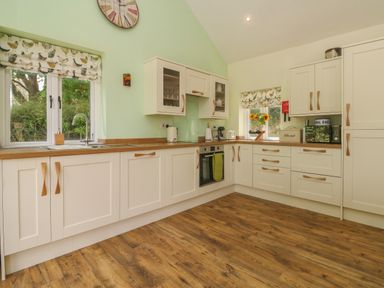 A kitchen with white cabinets wooden handles wooden countertops and wooden floor at Langdale Barn in Sampford Courtenay