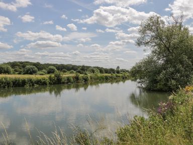 A river with trees and bushes on both sides under a cloudy sky at Kingfisher 2 The Old Stables in Witney