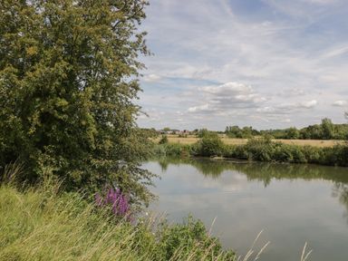 A river bordered by grass and trees under a partly cloudy sky at Kingfisher 2 The Old Stables in Witney