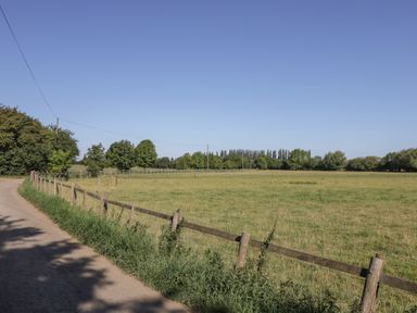 A rural landscape with a grassy field beside a dirt road and wooden fence with trees in the background at Kingfisher 2 The Old Stables in Witney
