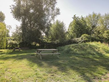 An outdoor grassy area with two picnic tables and trees in the background at Kingfisher 2 The Old Stables Witney
