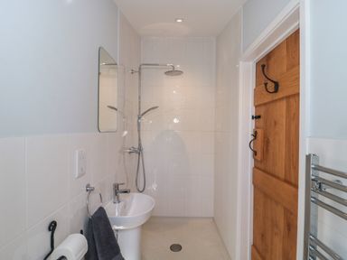 A bathroom with a shower area sink mirror wooden door and towel rail at Kingfisher 2 The Old Stables in Witney