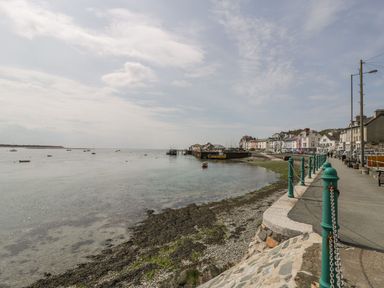 A coastal walkway with green posts and chains beside calm water and boats near buildings at The Look Out in Aberdovey