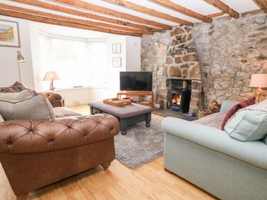 A living room with a stone fireplace a wood stove two sofas a large ottoman and a television at Arwel in Nefyn