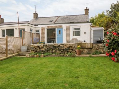 A backyard with green grass stone wall blue door and white house with lattice fence at Arwel in Nefyn