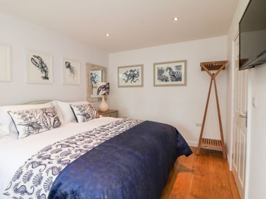 A bedroom with a large bed with patterned pillows and blanket a bedside table with lamp a wooden floor a wall-mounted TV and framed sea creature art at Trevose House in Crantock