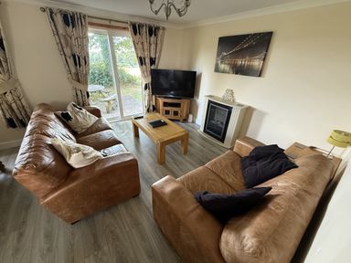 A living room with sofas and a television at Hembry Meadows in Honicombe Park near Gunnislake