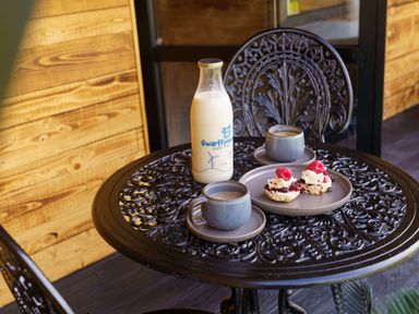 A black metal table with two cups of coffee a bottle of milk and scones with cream and raspberries at The Piglet Pod in Llanarth