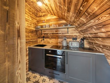 A small kitchen with wooden panel walls gray cabinets an oven a stove a sink and countertop appliances at The Piglet Pod in Llanarth
