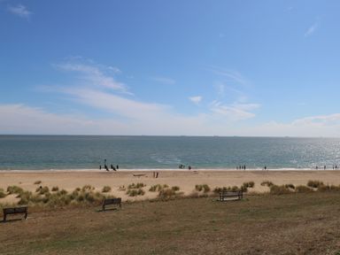 A beach with sand and tufts of grass facing a calm sea under a blue sky with a few clouds with benches on the grassy area near the shore at Gulls Nest in Pakefield