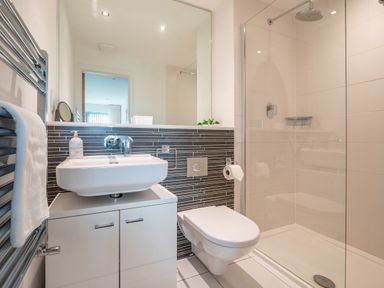 A bathroom with a sink on a cabinet a toilet and a walk in shower at Newquay Fistral Beach View in Newquay