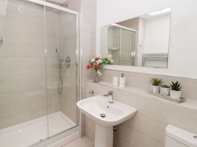 A bathroom with a shower enclosure a pedestal sink a mirror and decorative flowers and plants at Amble Views in Amble