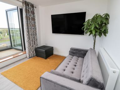 A living room with a gray sofa a black ottoman a mounted flat screen TV a large plant and an open glass door with patterned curtains at Amble Views in Amble