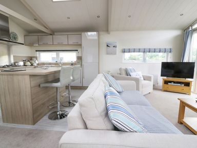 A combined kitchen and living area with a sofa, armchair, bar stools, kitchen cabinets, and a television at 44 Heritage Park Stepaside near Kilgetty