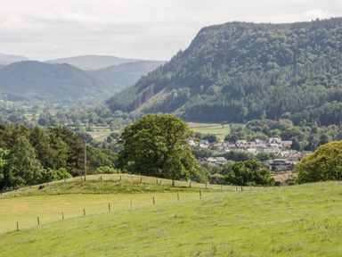 A hillside with grass and trees overlooking a village with hills in the background at Y Stabl in Llanddoged near Llanrwst