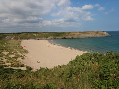 A sandy beach with people and umbrellas near grassy cliffs and a calm sea at The Coach House in Merrion near Pembroke
