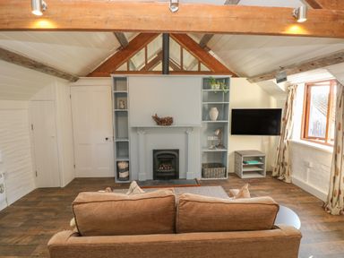 A living room with a brown sofa facing a fireplace and TV by a window at The Coach House Merrion near Pembroke