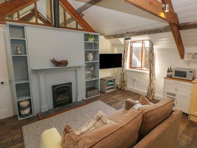 A living room with a brown sofa facing a blue fireplace with shelves and a TV near a window at The Coach House in Merrion near Pembroke