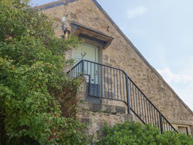 An exterior stone wall with a green door accessed by black metal stairs and surrounded by green bushes at The Coach House in Merrion near Pembroke