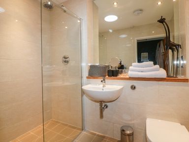 A bathroom with a walk-in shower a wall-mounted sink a large mirror and towels at The Bolt Hole in Downderry