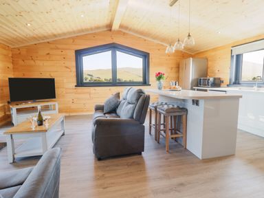 An open plan living room and kitchen with gray sofas a wooden coffee table bar stools and large windows at Bacheiddon Log Cabin in Aberhosan near Machynlleth