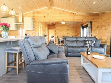 A living room with two grey sofas a wooden coffee table with a bottle and glasses and a kitchen bar with stools at Bacheiddon Log Cabin Aberhosan near Machynlleth