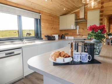 A kitchen with wooden walls and ceiling with a countertop holding croissants mugs and a vase with roses at Bacheiddon Log Cabin in Aberhosan near Machynlleth