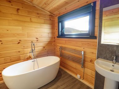 A bathroom with a white freestanding bathtub wooden walls a window a towel radiator and a white sink at Bacheiddon Log Cabin Aberhosan near Machynlleth