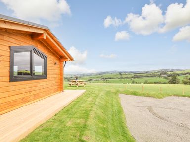 Side of a wooden cabin with a window and a picnic table on grass with hills in the background at Bacheiddon Log Cabin Aberhosan near Machynlleth