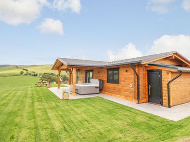 A wooden log cabin with a covered patio jacuzzi and picnic table on a grassy field at Bacheiddon Log Cabin in Aberhosan near Machynlleth