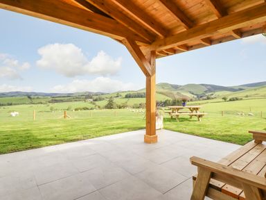 A covered patio with wooden beams overlooking a grassy field with sheep and hills at Bacheiddon Log Cabin in Aberhosan near Machynlleth