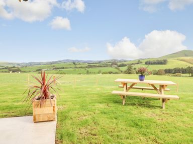 A picnic table with a flower pot and a wooden planter with a plant on grassland overlooking hills at Bacheiddon Log Cabin in Aberhosan near Machynlleth