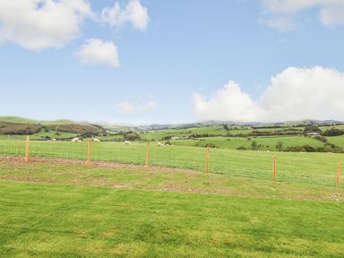 A green field with sheep behind a wire fence and rolling hills under a blue sky at Bacheiddon Log Cabin in Aberhosan near Machynlleth